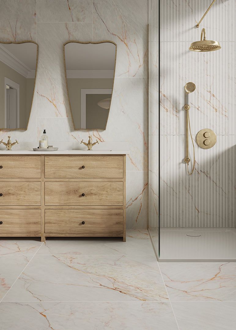 Elegant bathroom with marble details and natural wood vanity